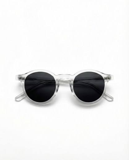 Clear frame sunglasses with black lenses on a white background